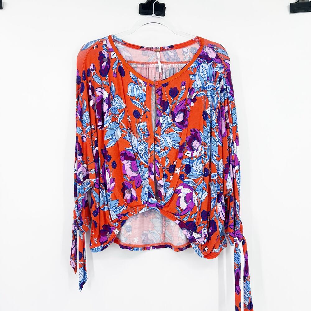 Free People Keepin’ On Orange Floral Tie Sleeves Top 3/4 Sleeves Womens Sz S - Picture 3 of 12